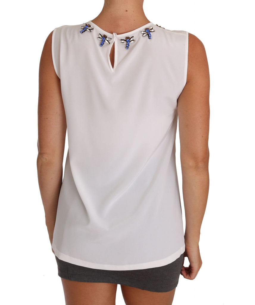 Dolce & Gabbana White Silk Crystal Embellished Fly T-shirt - Luxe & Glitz