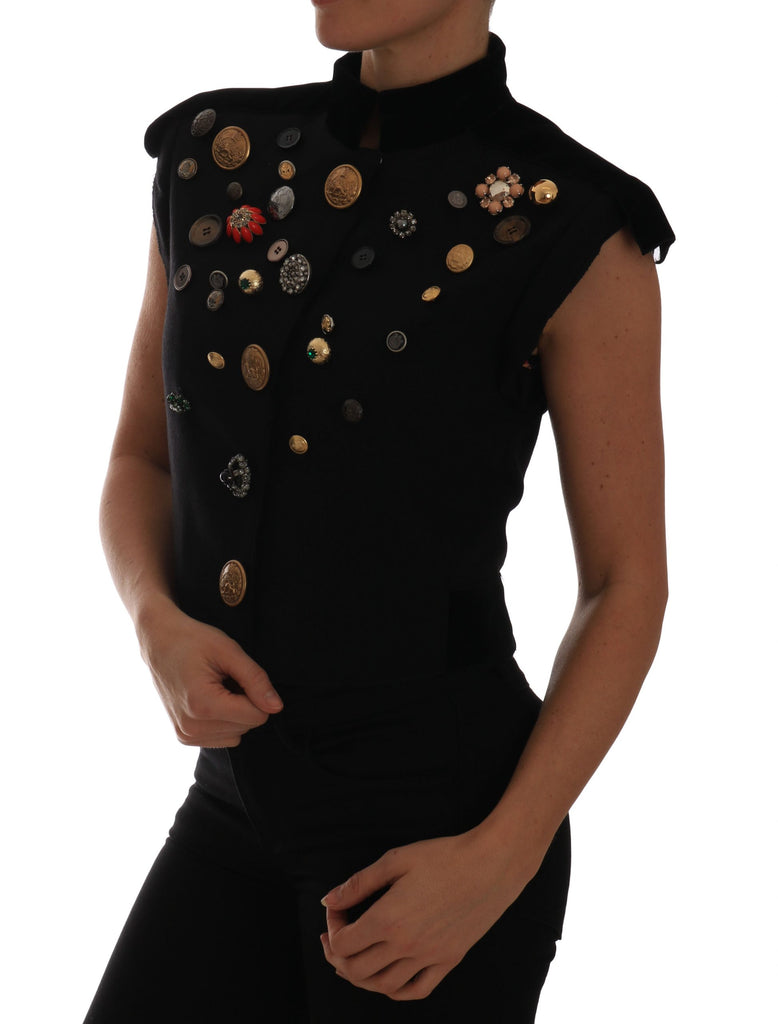 Dolce & Gabbana Black Embellished Floral Military Jacket Vest - Luxe & Glitz