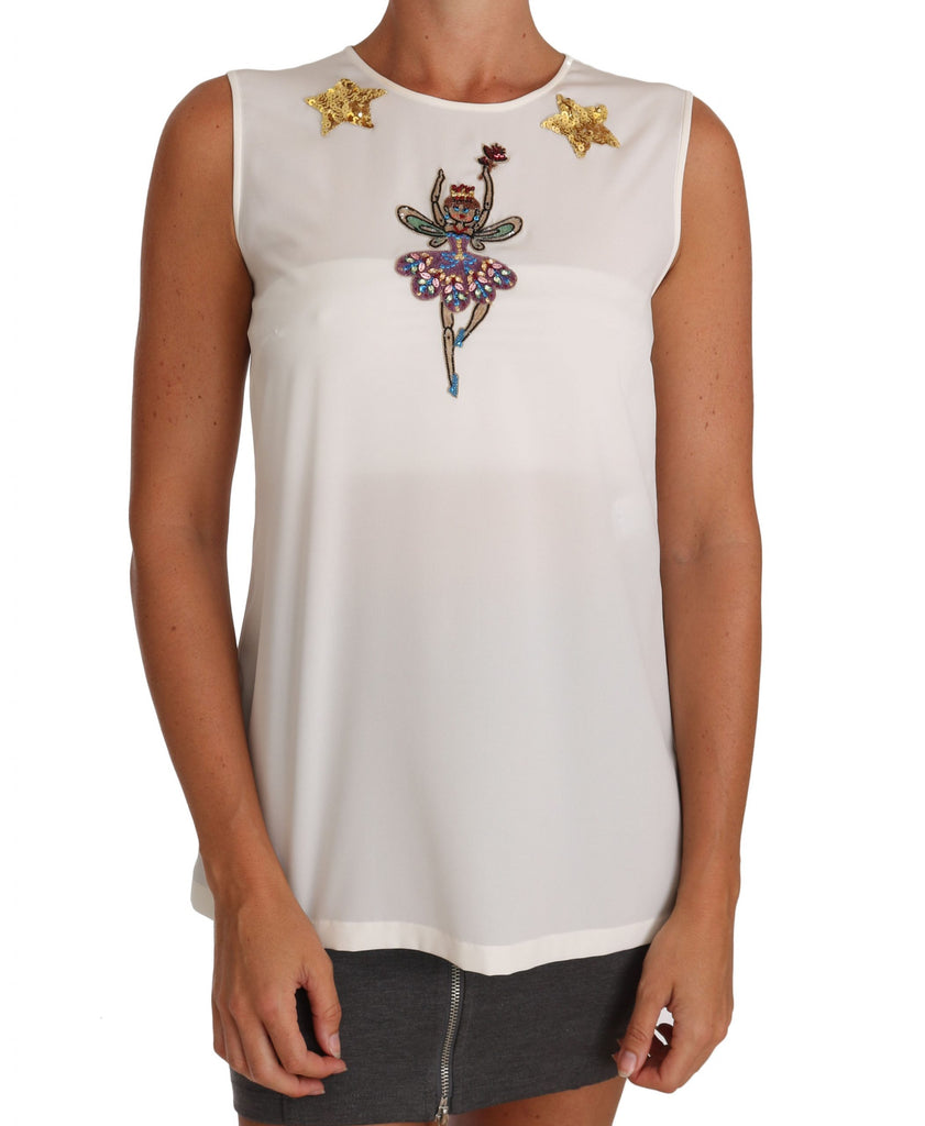 Dolce & Gabbana White Silk Embellished Crystal Sequin Fairy Top - Luxe & Glitz