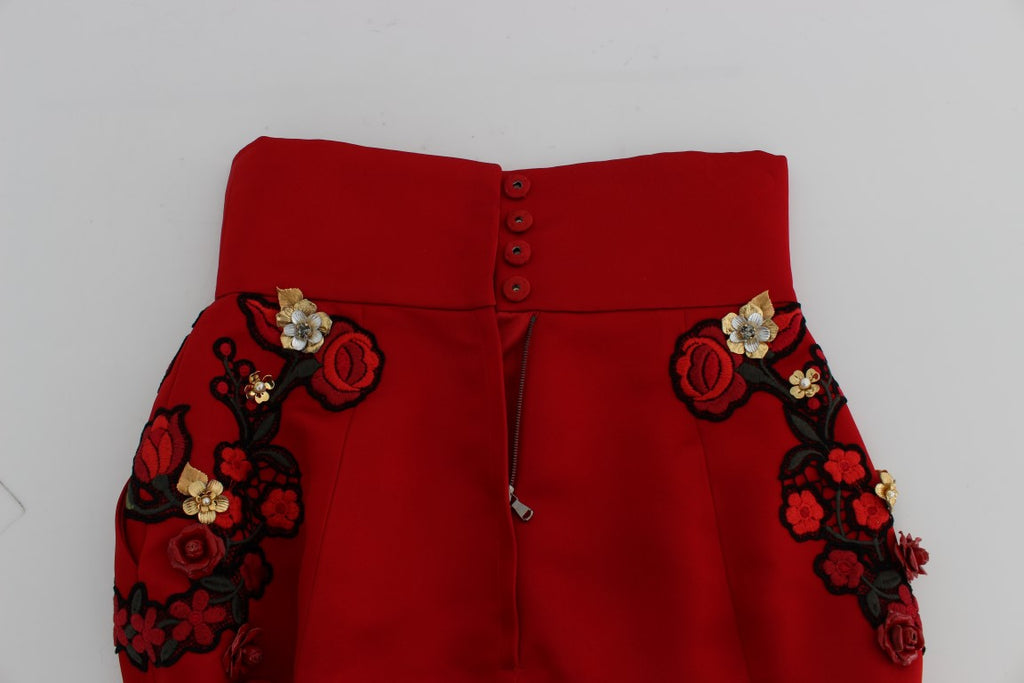 Dolce & Gabbana Red Silk Crystal Roses Shorts - Luxe & Glitz