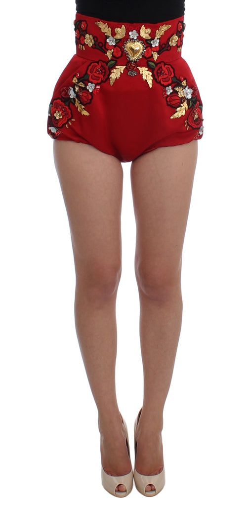 Dolce & Gabbana Red Silk Crystal Roses Shorts - Luxe & Glitz