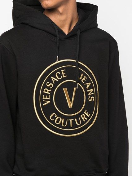 Versace Jeans Black Cotton Logo Details Hooded Sweatshirt Versace Jeans