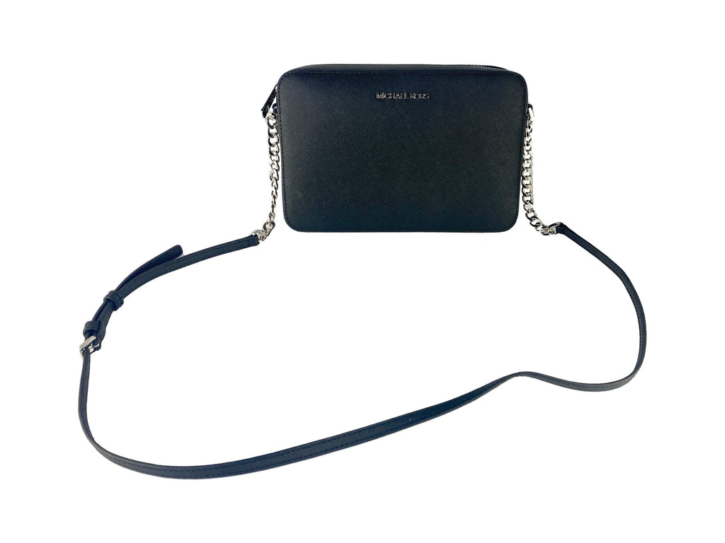 Michael Kors Jet Set Large East West Saffiano Leather Crossbody Bag Handbag (Black Solid/Silver Hardware) Michael Kors