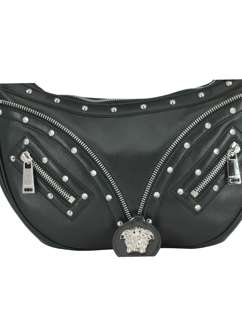 Versace Black Calf Leather Small Hobo Shoulder Bag Versace