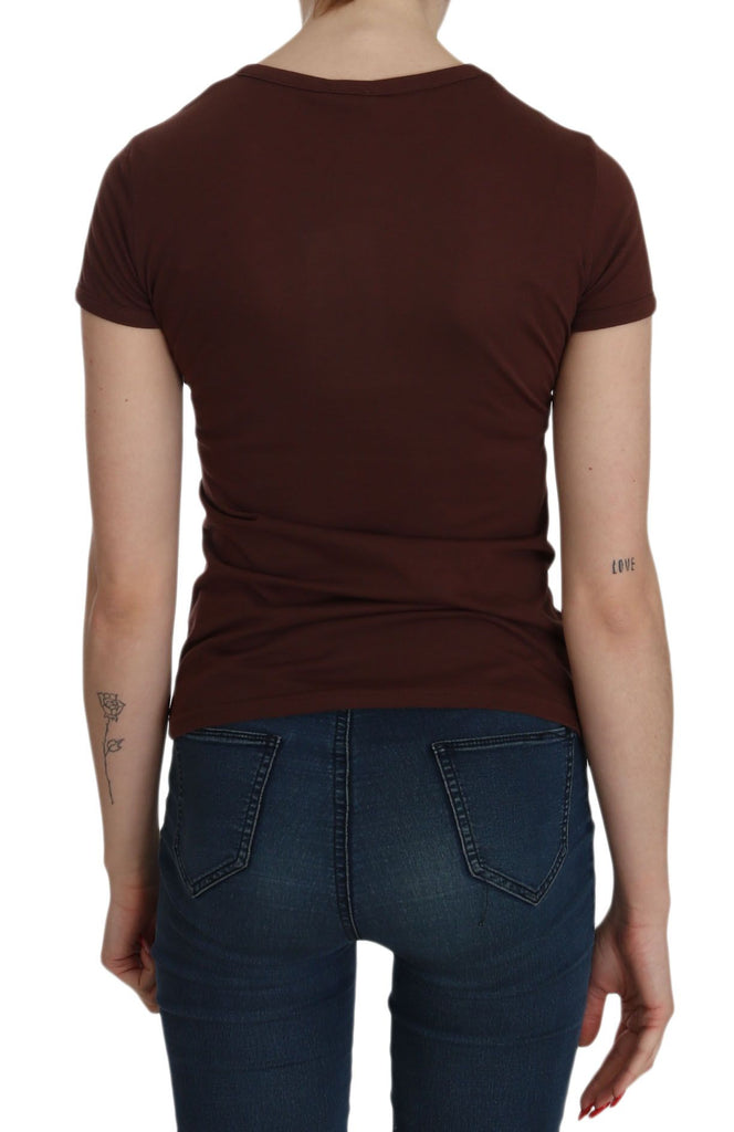 Exte Brown Heart Print Crew Neck T-shirt Short Sleeve Blouse - Luxe & Glitz