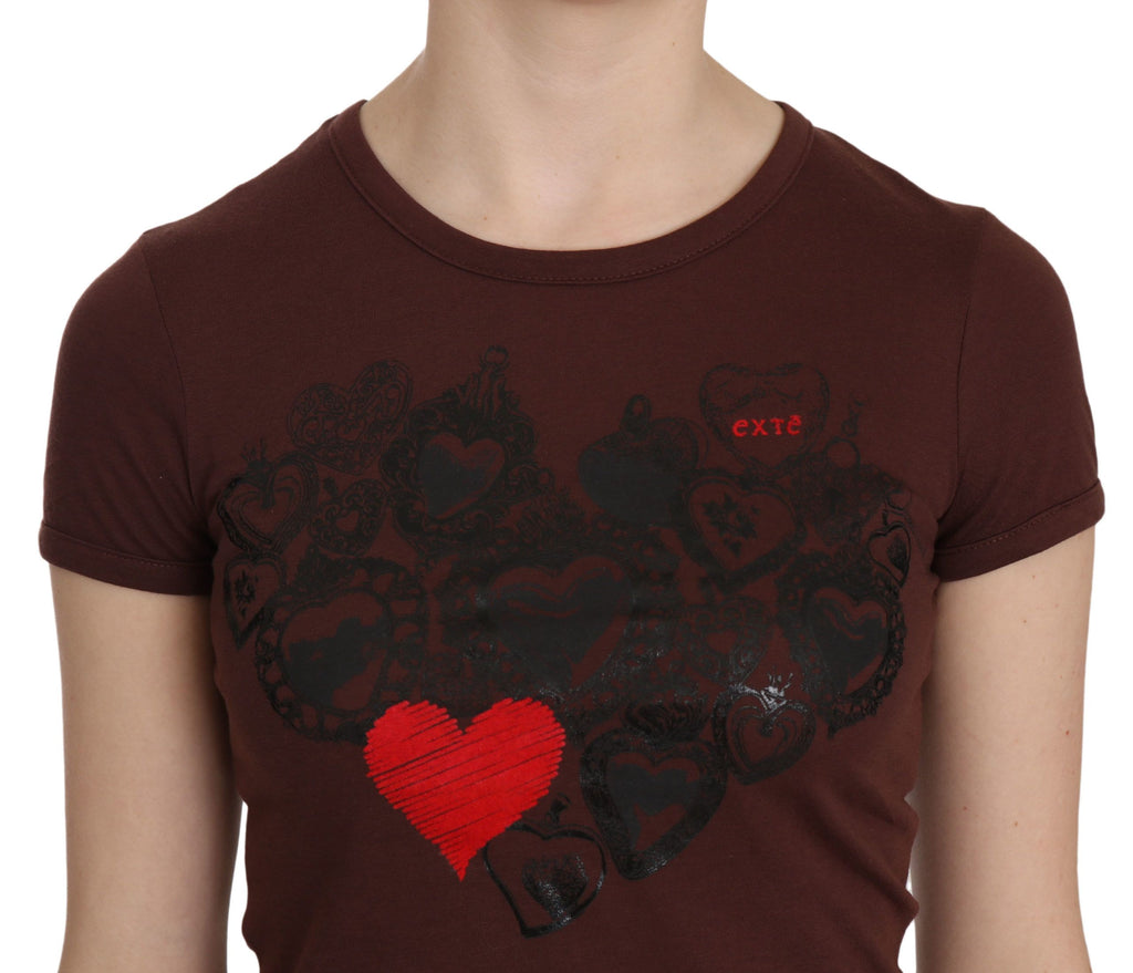 Exte Brown Heart Print Crew Neck T-shirt Short Sleeve Blouse - Luxe & Glitz