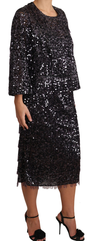 Dolce & Gabbana Black Sequined Long Sleeve Shift Midi Dress - Luxe & Glitz