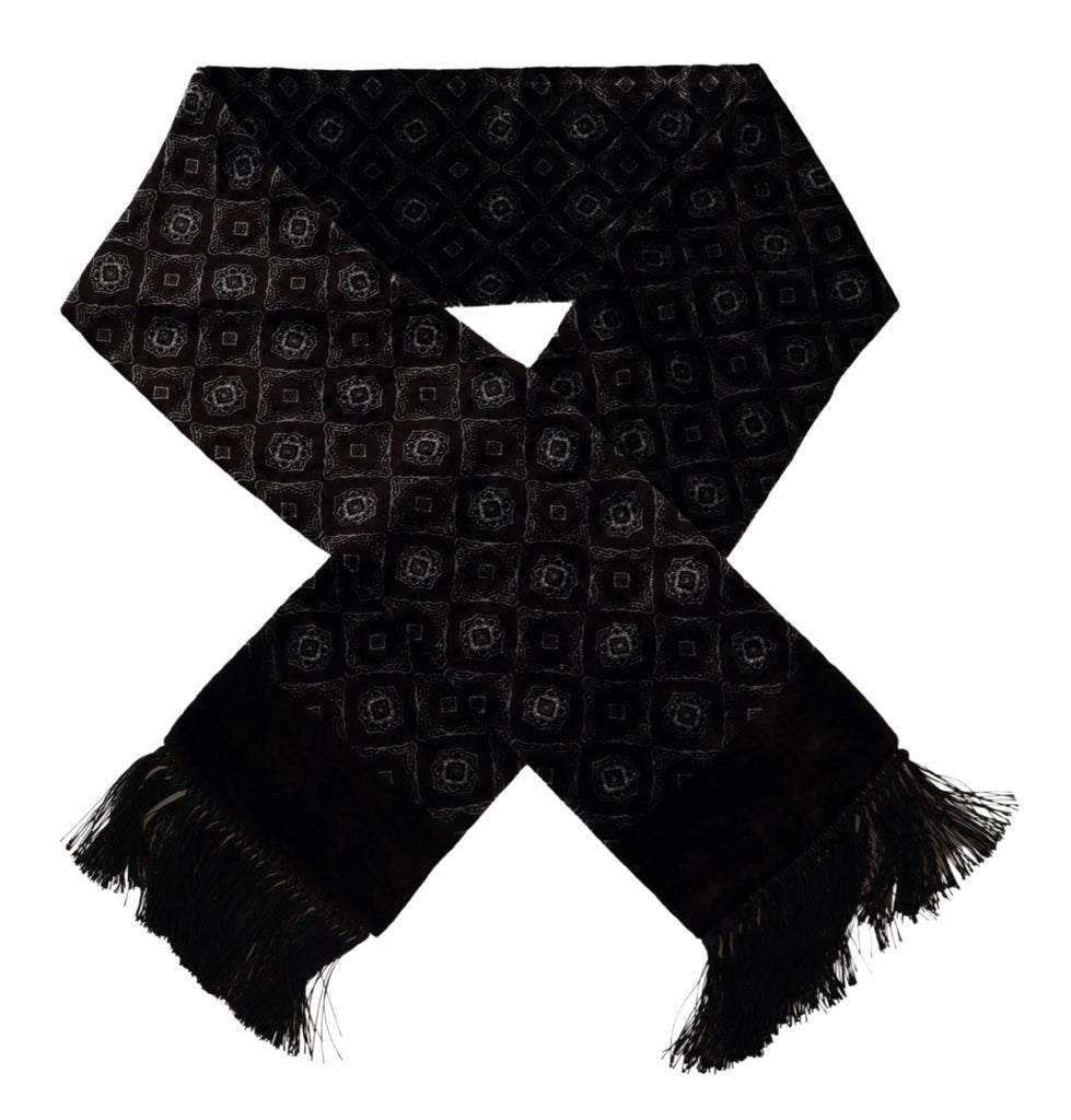 Dolce & Gabbana Brown Velvet Geometric Shawl Fringe Neck Wrap Scarf - Luxe & Glitz