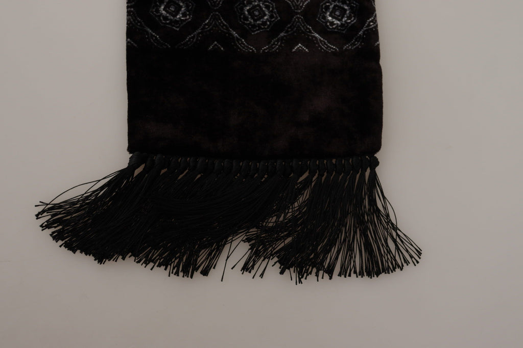 Dolce & Gabbana Brown Velvet Geometric Shawl Fringe Neck Wrap Scarf - Luxe & Glitz