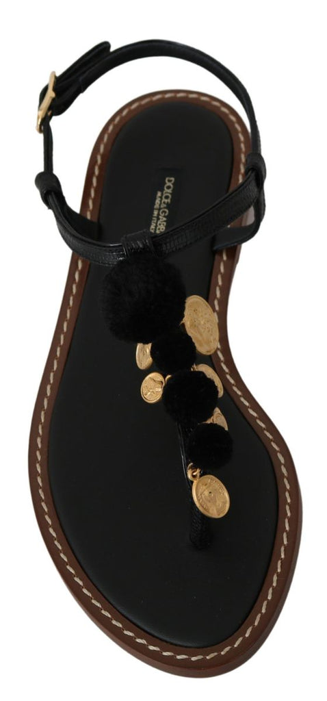 Dolce & Gabbana Black Leather Coins Flip Flops Sandals Shoes Dolce & Gabbana