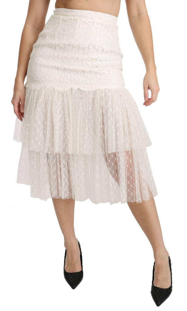 Dolce & Gabbana White Lace Layered High Waist Midi Cotton  Skirt - Luxe & Glitz