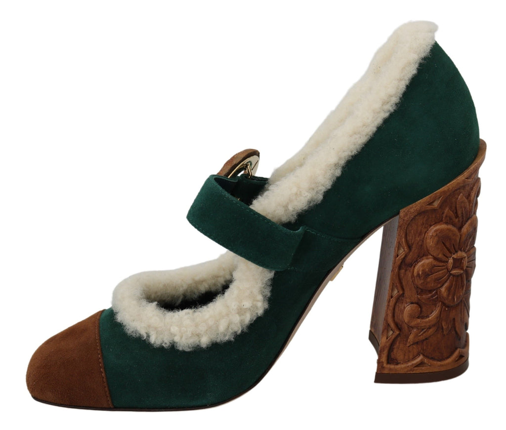 Dolce & Gabbana Green Suede Fur Shearling Mary Jane Shoes Dolce & Gabbana