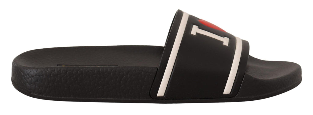 Dolce & Gabbana Black Leather I Love D&G Slides Sandals Dolce & Gabbana