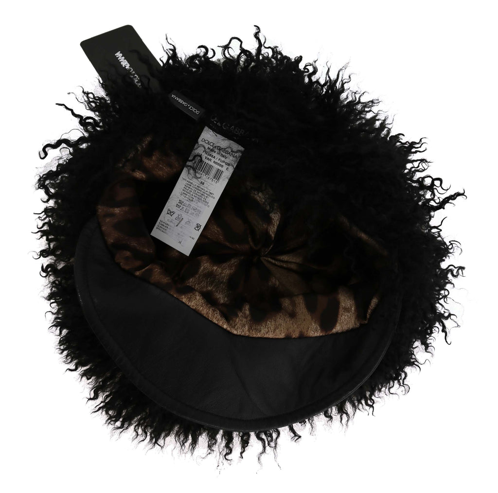 Dolce & Gabbana Black Tibet Lamb Fur Leather Gatsby Hat Dolce & Gabbana