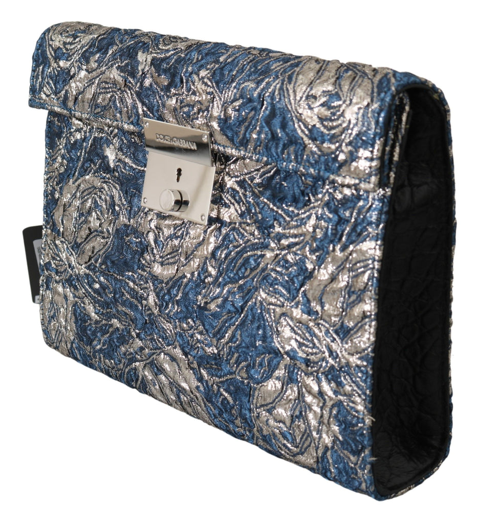 Dolce & Gabbana Blue Silver Jacquard Leather Document Briefcase Bag - Luxe & Glitz