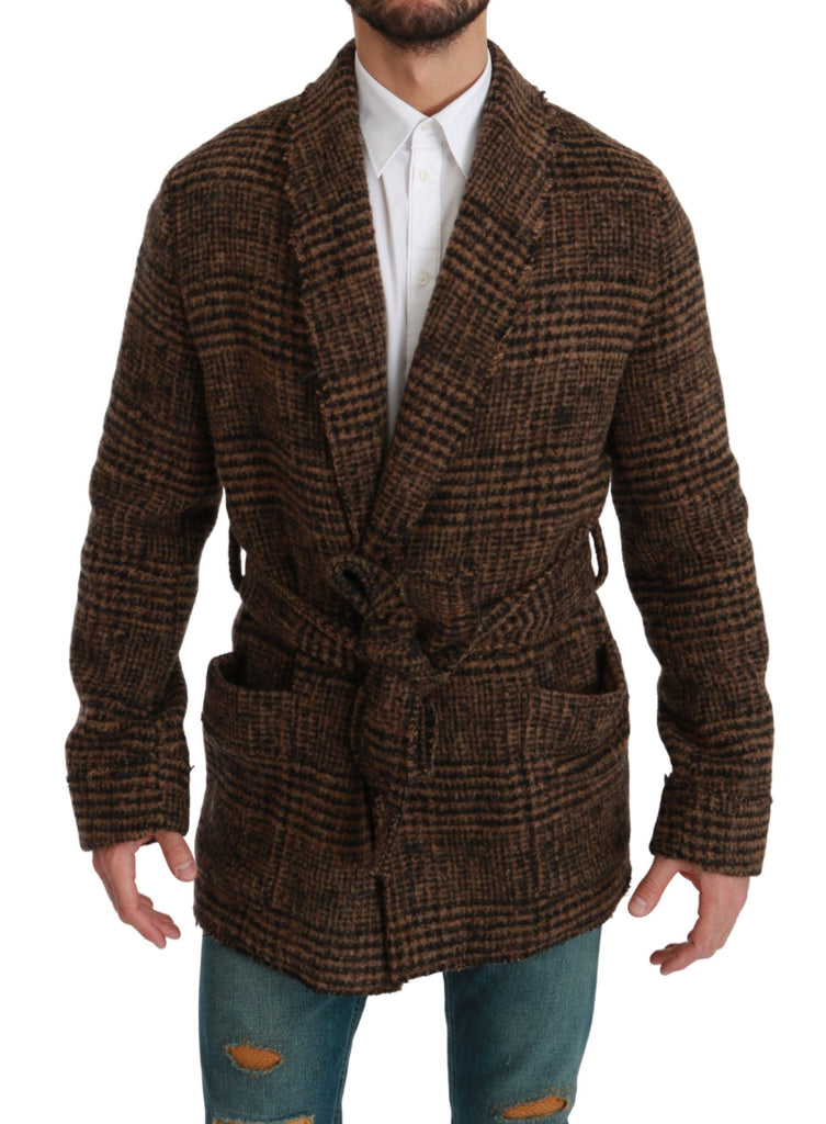 Dolce & Gabbana Brown Checkered Wool Robe Coat  Wrap Jacket - Luxe & Glitz