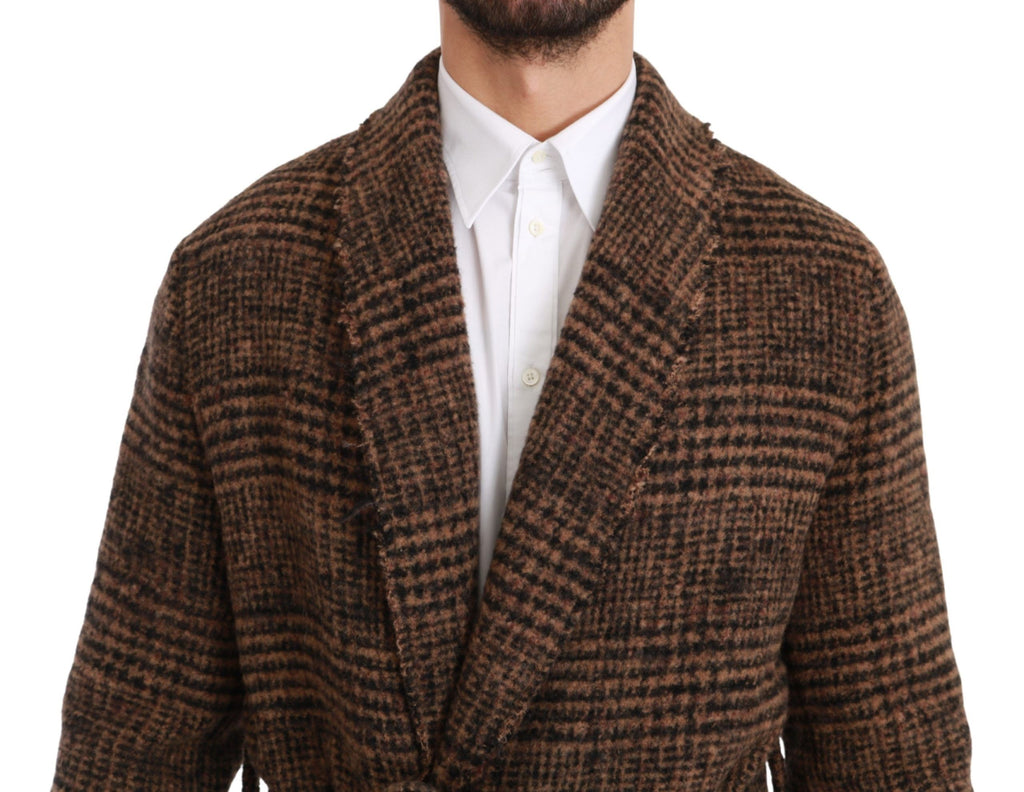 Dolce & Gabbana Brown Checkered Wool Robe Coat  Wrap Jacket - Luxe & Glitz