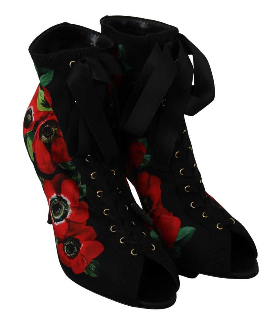 Dolce & Gabbana Black Red Roses Ankle Booties Shoes Dolce & Gabbana