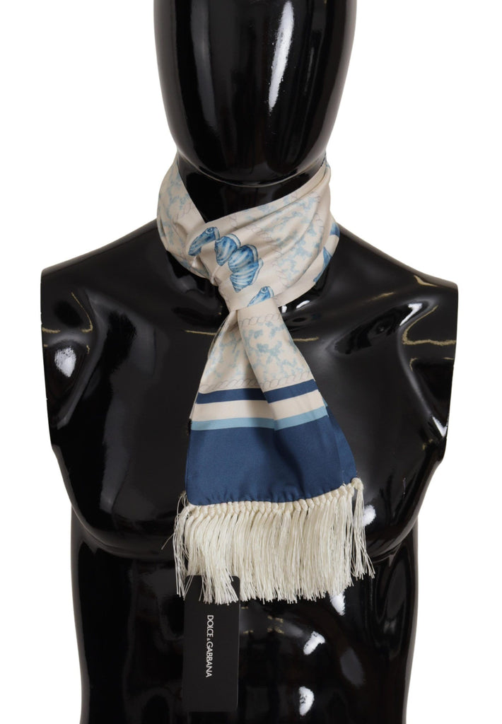 Dolce & Gabbana Blue Silk Shell Print White Shawl Fringes Scarf - Luxe & Glitz