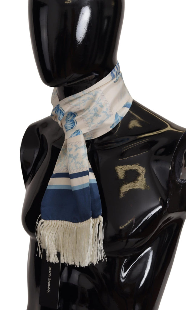 Dolce & Gabbana Blue Silk Shell Print White Shawl Fringes Scarf - Luxe & Glitz