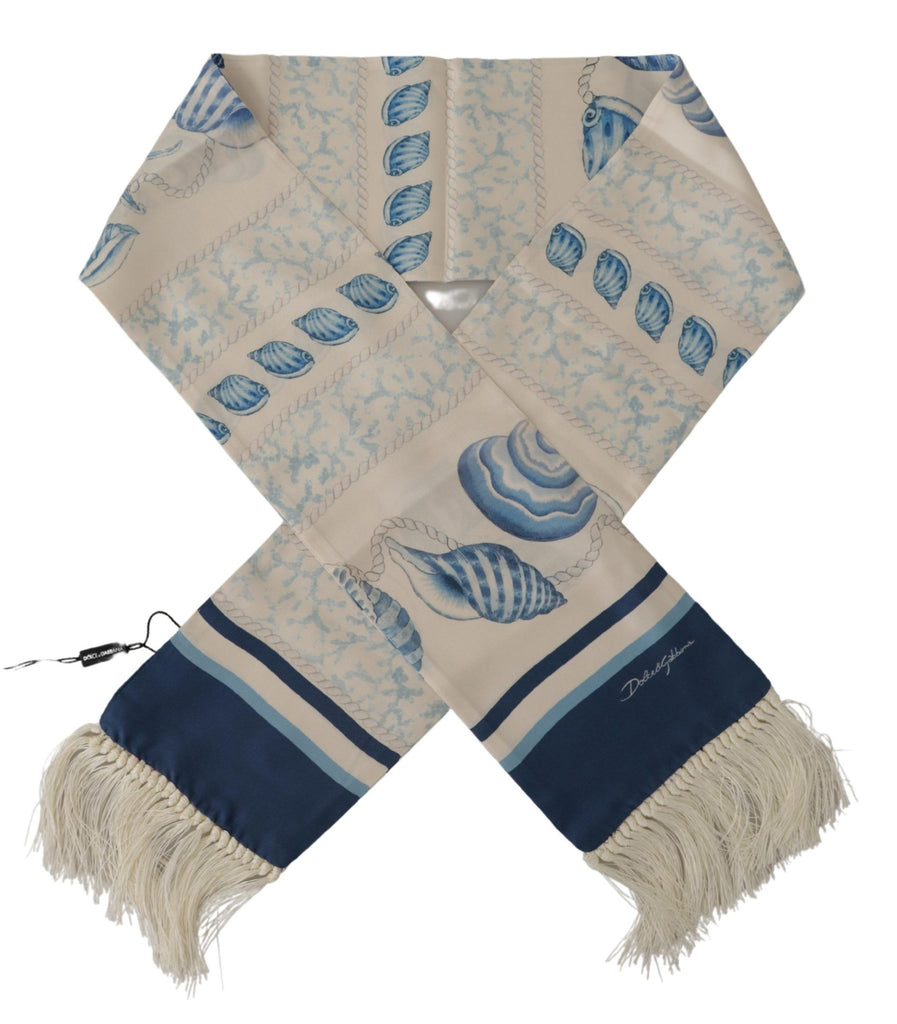 Dolce & Gabbana Blue Silk Shell Print White Shawl Fringes Scarf - Luxe & Glitz