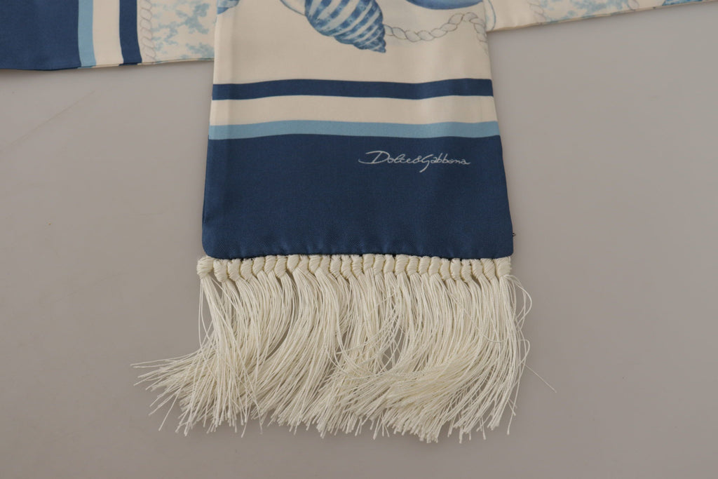 Dolce & Gabbana Blue Silk Shell Print White Shawl Fringes Scarf - Luxe & Glitz