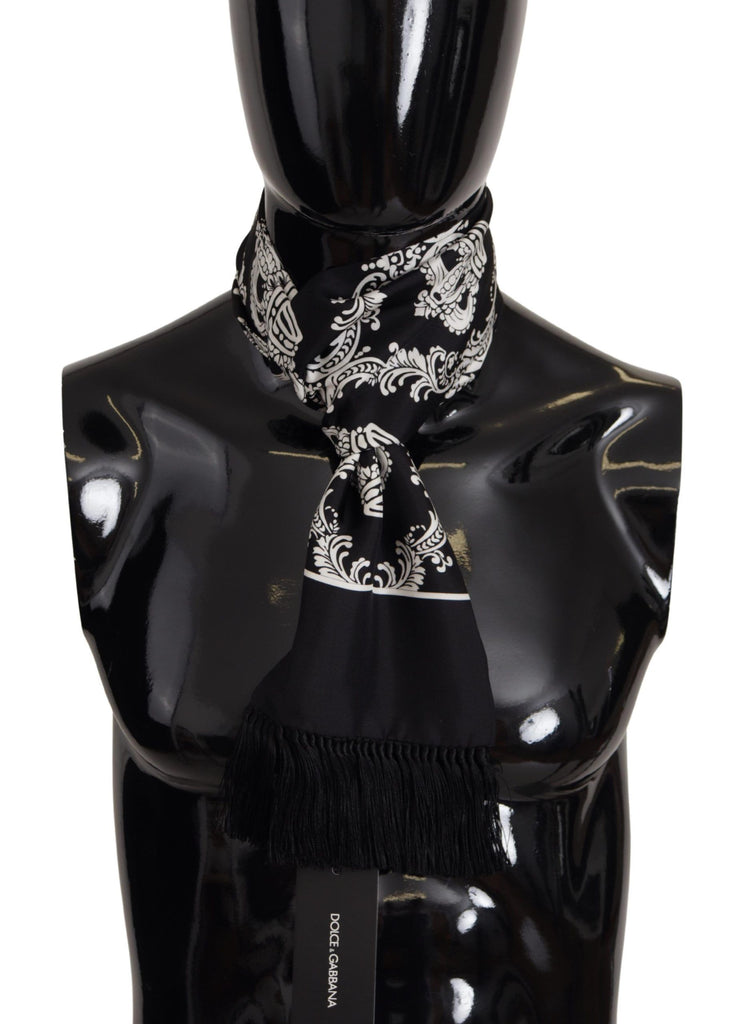 Dolce & Gabbana Black Silk Royal Crown Print Logo Shawl Fringe Scarf - Luxe & Glitz