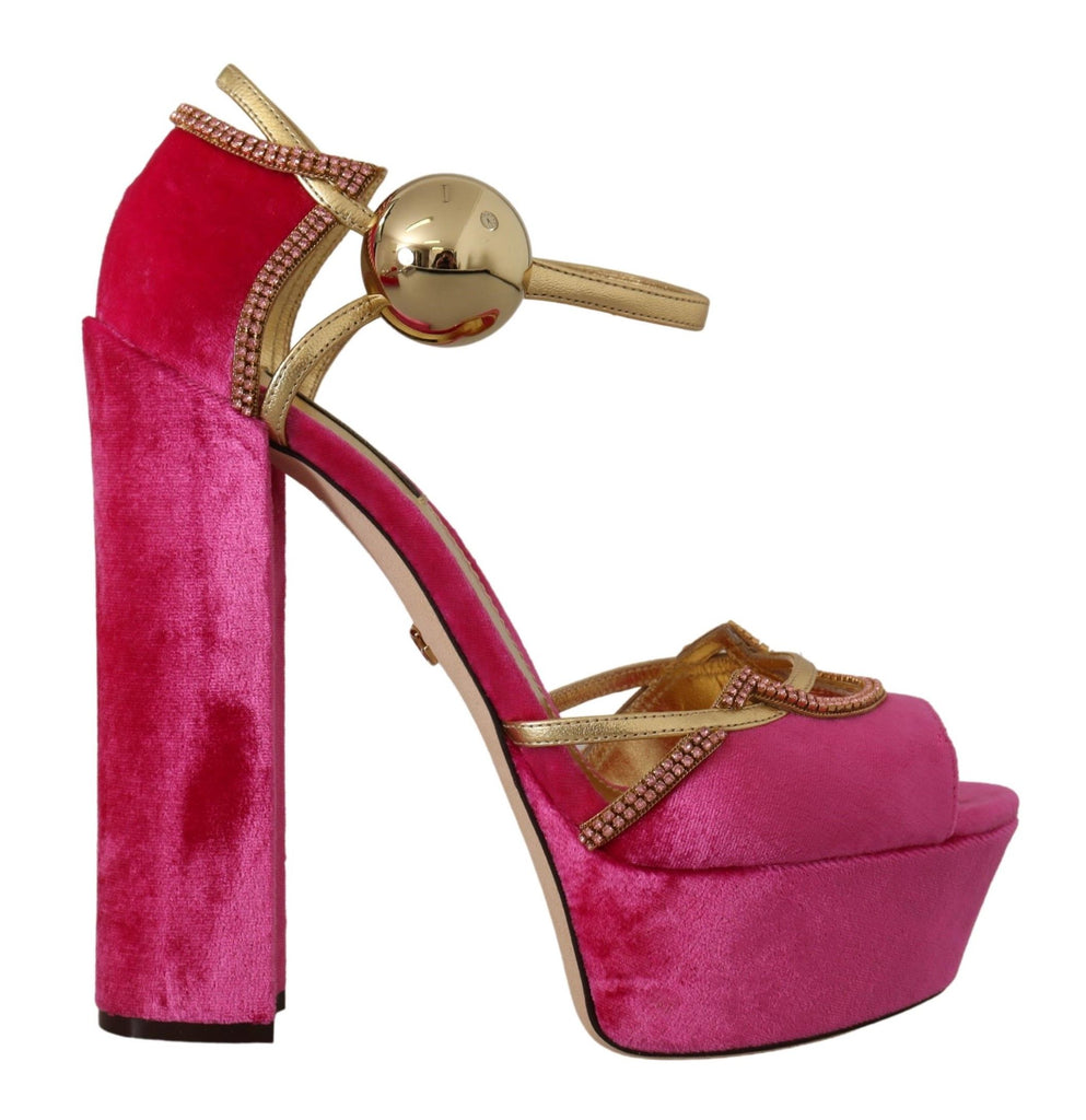 Dolce & Gabbana Pink Velvet Crystal Ankle Strap Sandals Shoes Dolce & Gabbana
