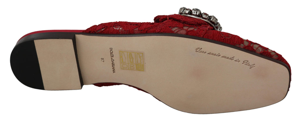 Dolce & Gabbana Red Lace Crystal Slide On Flats Shoes Dolce & Gabbana