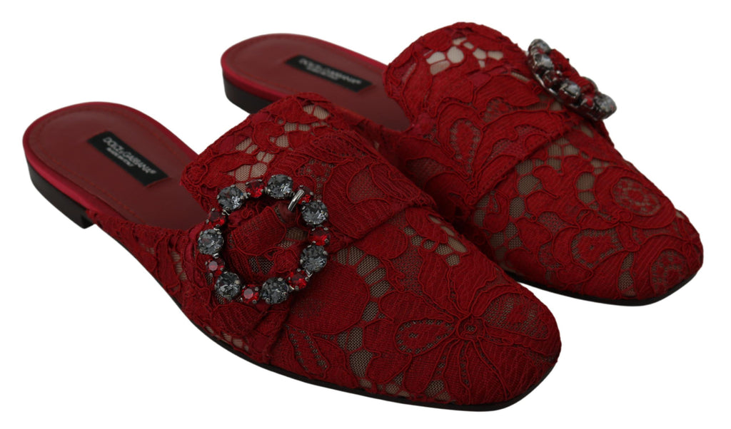 Dolce & Gabbana Red Lace Crystal Slide On Flats Shoes Dolce & Gabbana