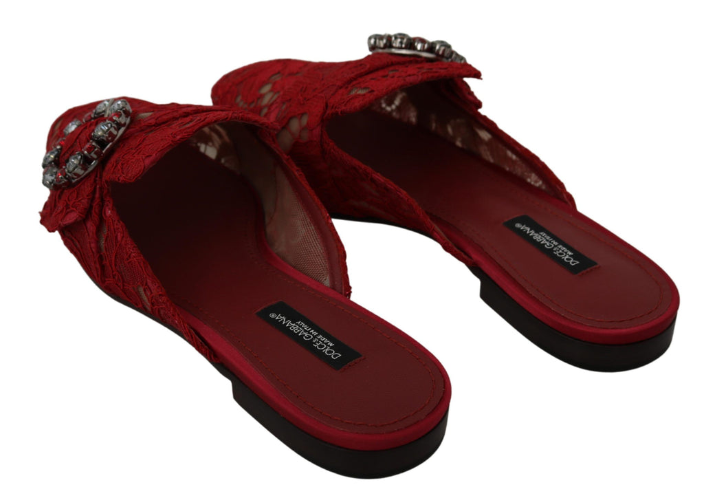 Dolce & Gabbana Red Lace Crystal Slide On Flats Shoes Dolce & Gabbana
