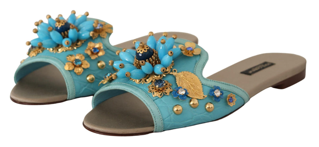 Dolce & Gabbana Blue Crystal Exotic Leather Blue Crystal Sandals Dolce & Gabbana