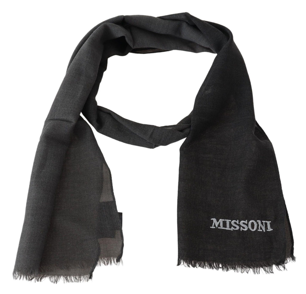 Missoni Gray Wool Unisex Neck Wrap Shawl Fringes Logo Scarf - Luxe & Glitz