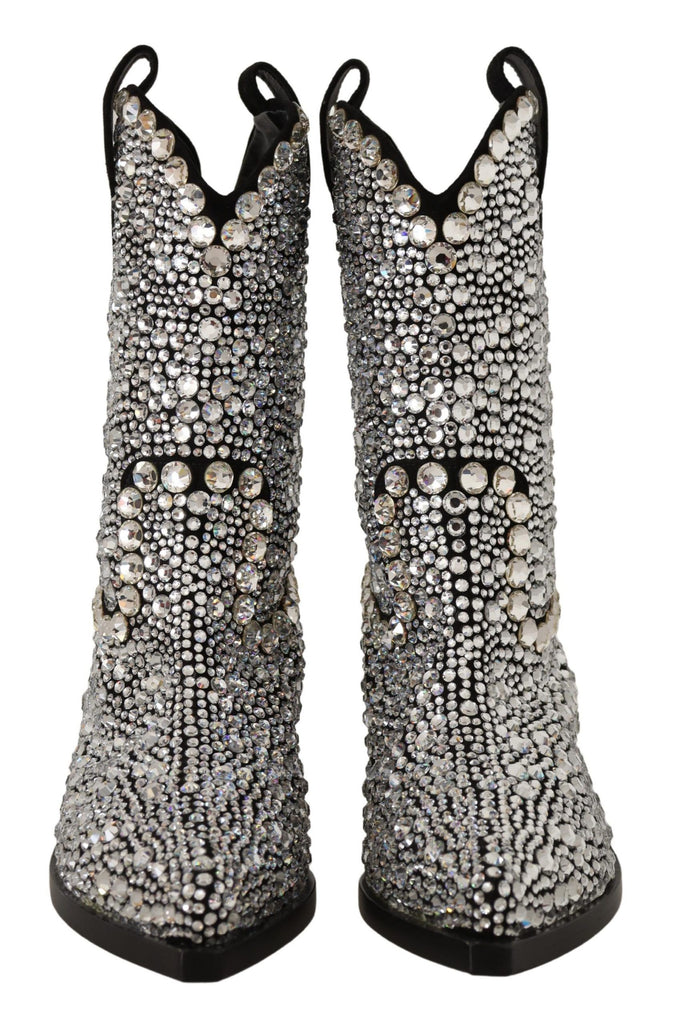 Dolce & Gabbana Black Suede Strass Crystal Cowgirl Boots Dolce & Gabbana