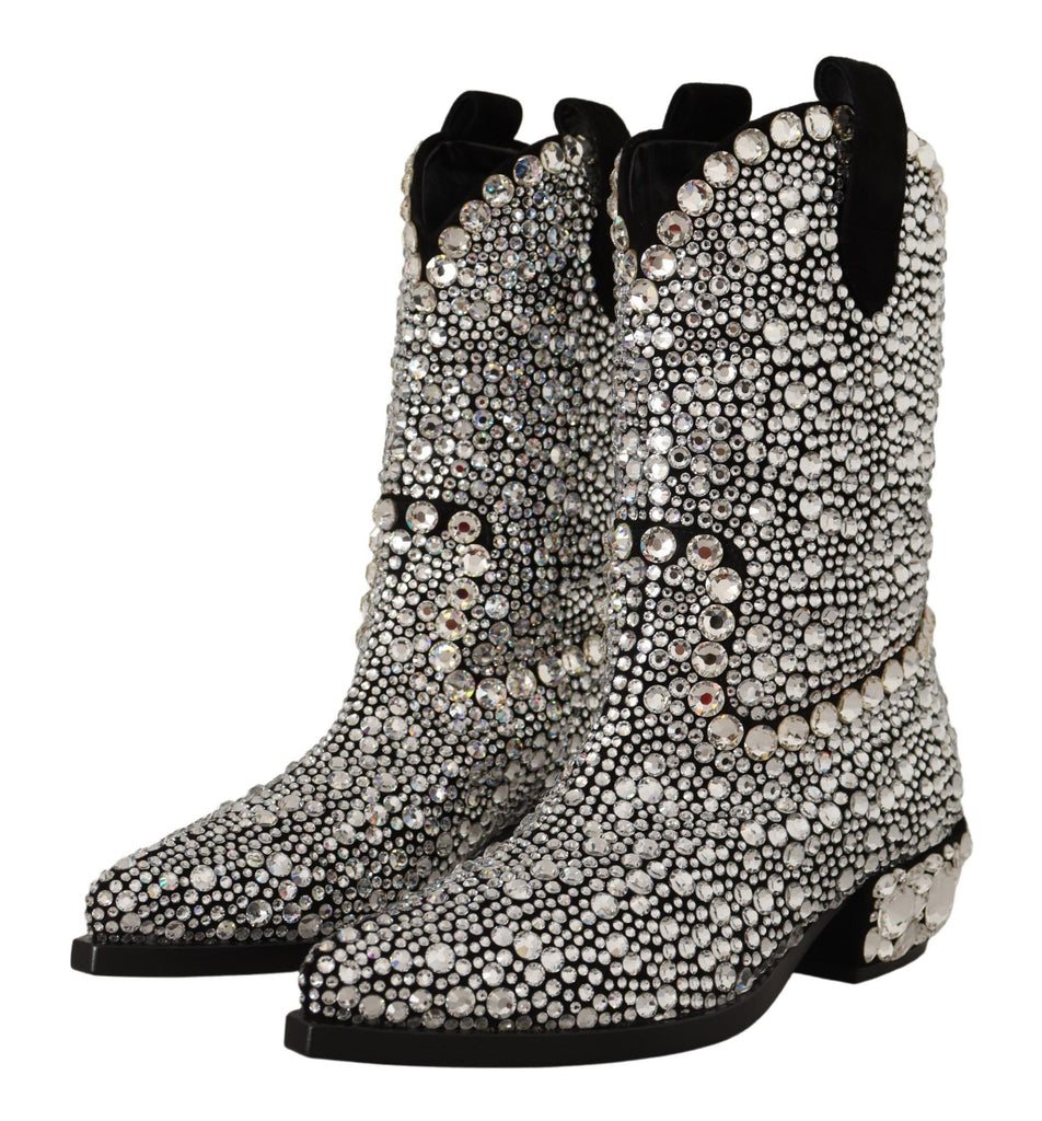 Dolce & Gabbana Black Suede Strass Crystal Cowgirl Boots Dolce & Gabbana