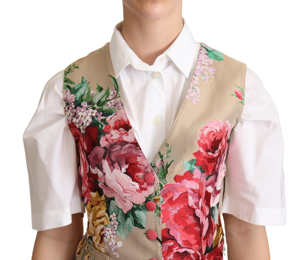 Dolce & Gabbana Beige Jacquard Floral Print Waistcoat Vest - Luxe & Glitz