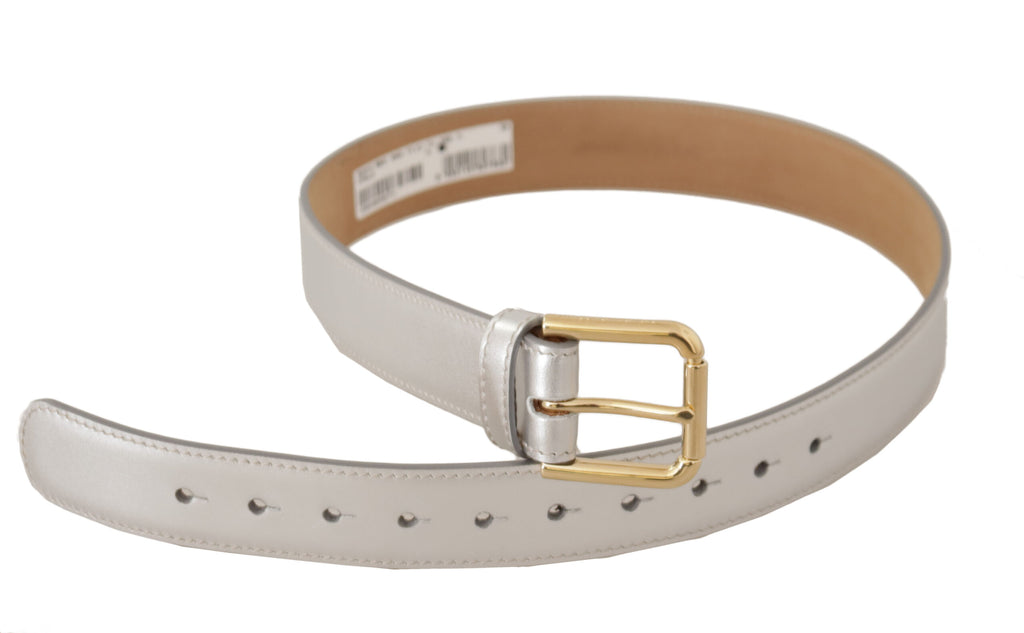 Dolce & Gabbana Silver Leather Gold Tone Logo Metal Buckle Belt - Luxe & Glitz