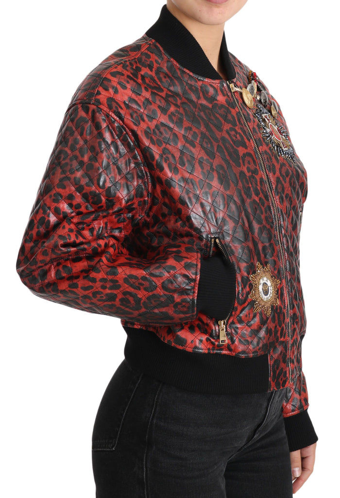 Dolce & Gabbana Red Leopard Button Crystal Leather Jacket - Luxe & Glitz