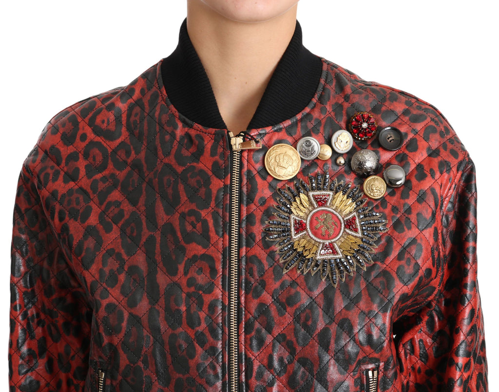 Dolce & Gabbana Red Leopard Button Crystal Leather Jacket - Luxe & Glitz