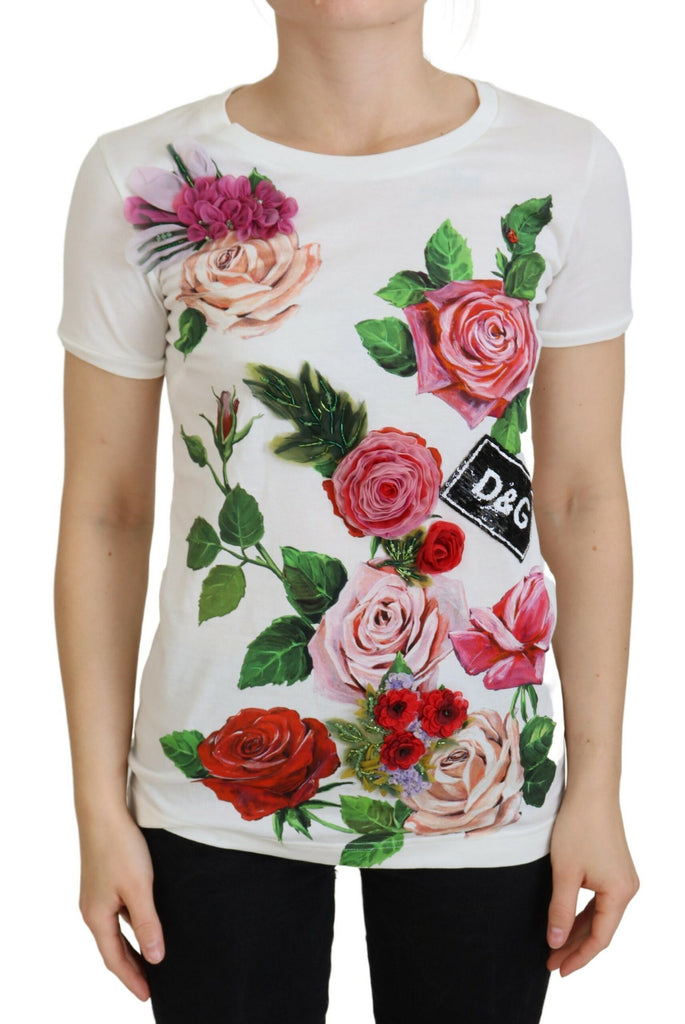 Dolce & Gabbana White Rose DGLogo Printed Short Sleeves Top Dolce & Gabbana