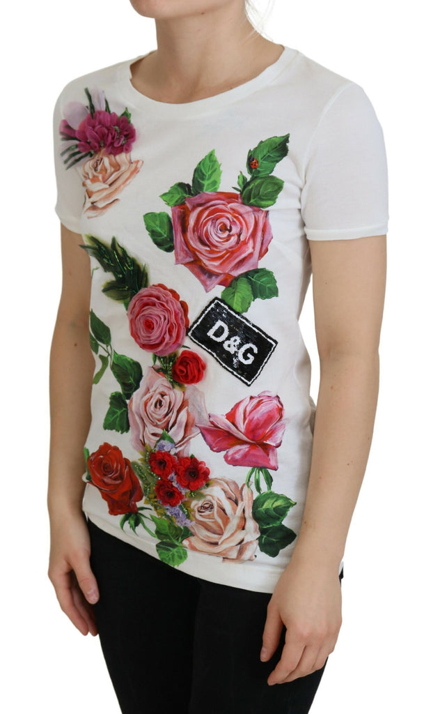 Dolce & Gabbana White Rose DGLogo Printed Short Sleeves Top Dolce & Gabbana