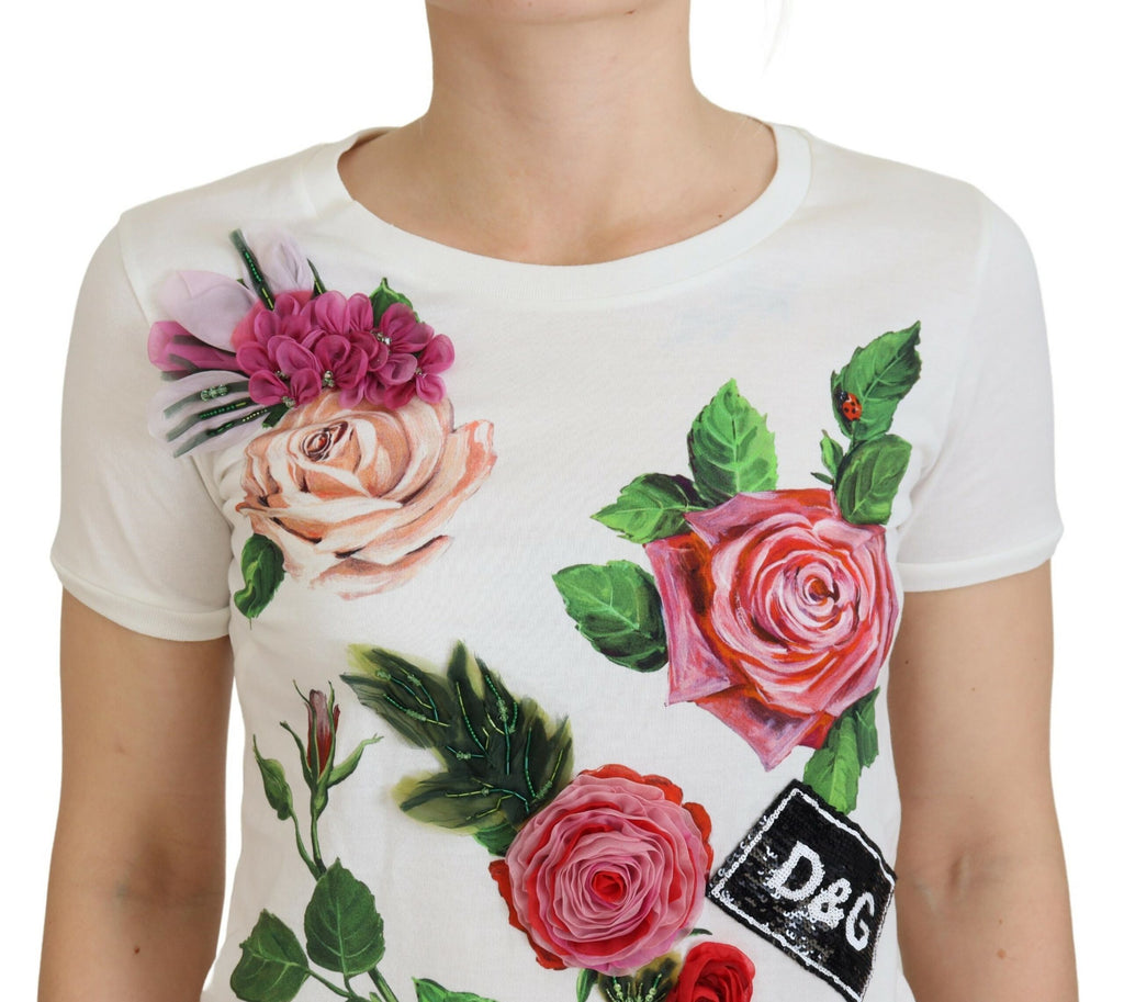 Dolce & Gabbana White Rose DGLogo Printed Short Sleeves Top Dolce & Gabbana