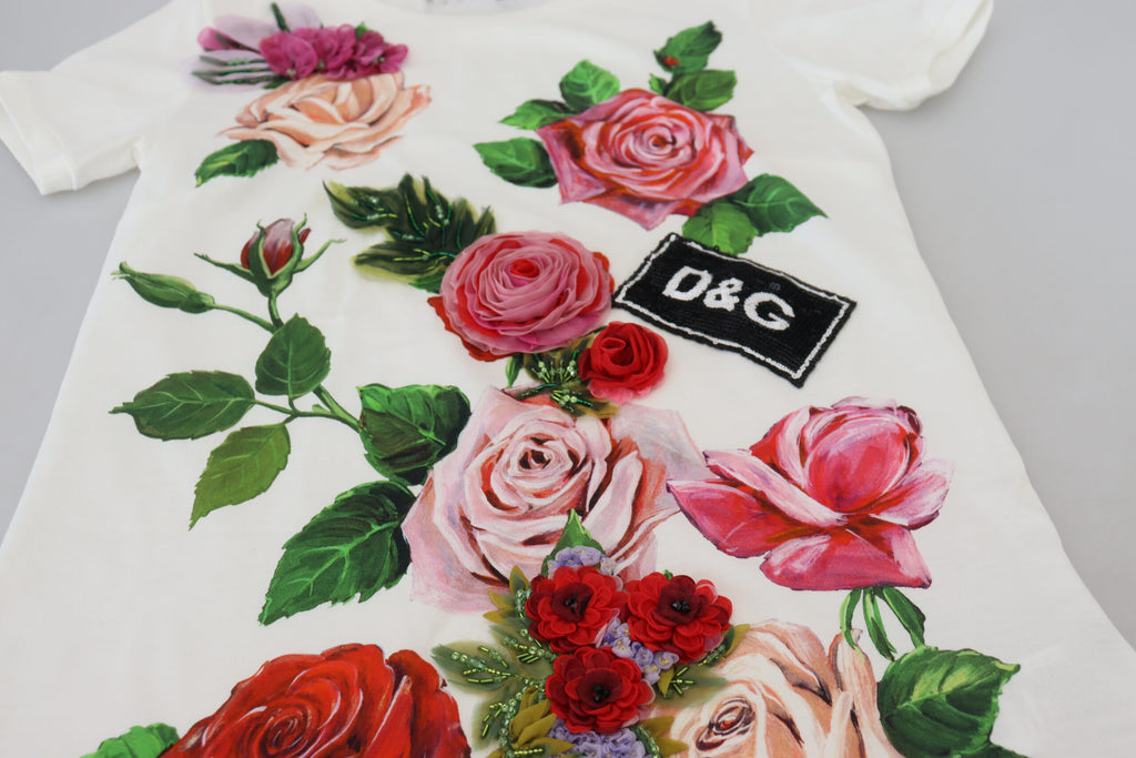 Dolce & Gabbana White Rose DGLogo Printed Short Sleeves Top Dolce & Gabbana