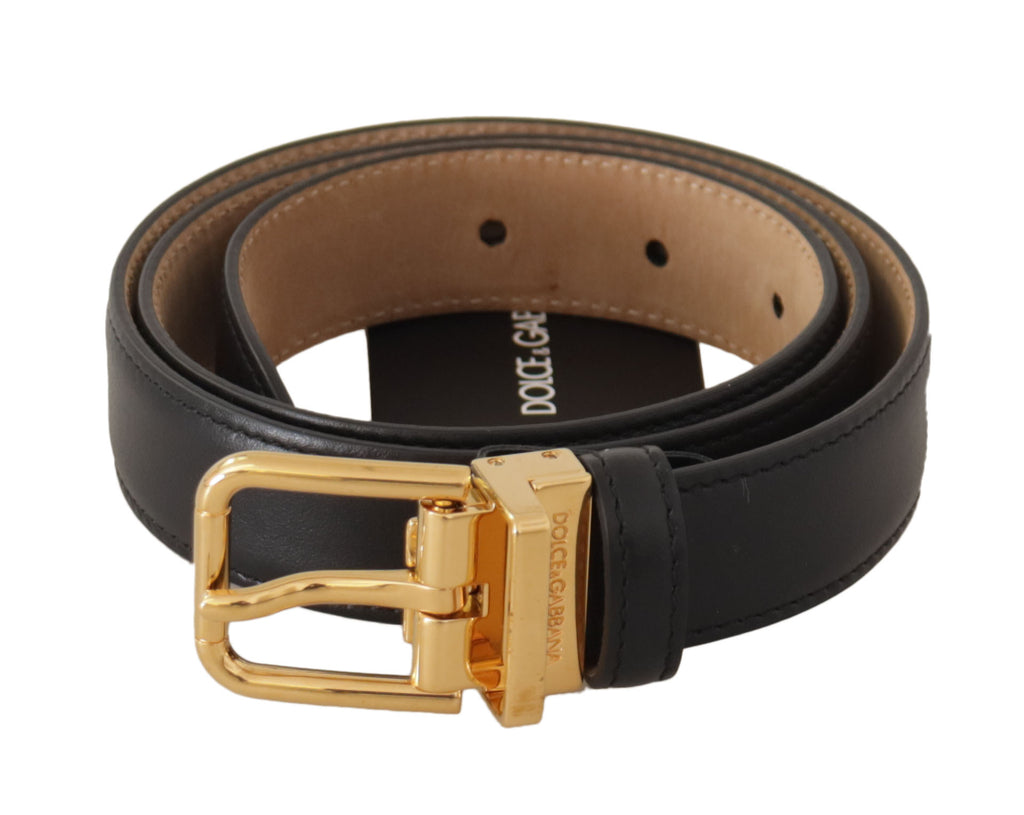 Dolce & Gabbana Black Calf Leather Gold Metal Logo Waist Buckle Belt - Luxe & Glitz