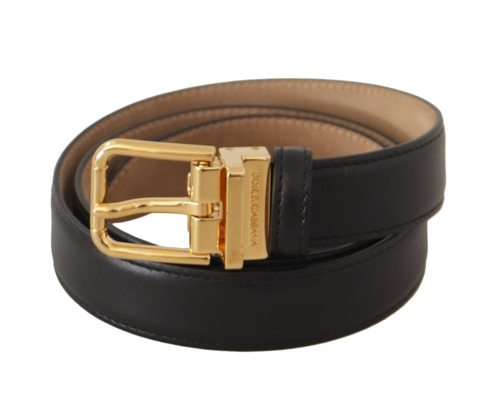 Dolce & Gabbana Black Calf Leather Gold Metal Logo Waist Buckle Belt - Luxe & Glitz