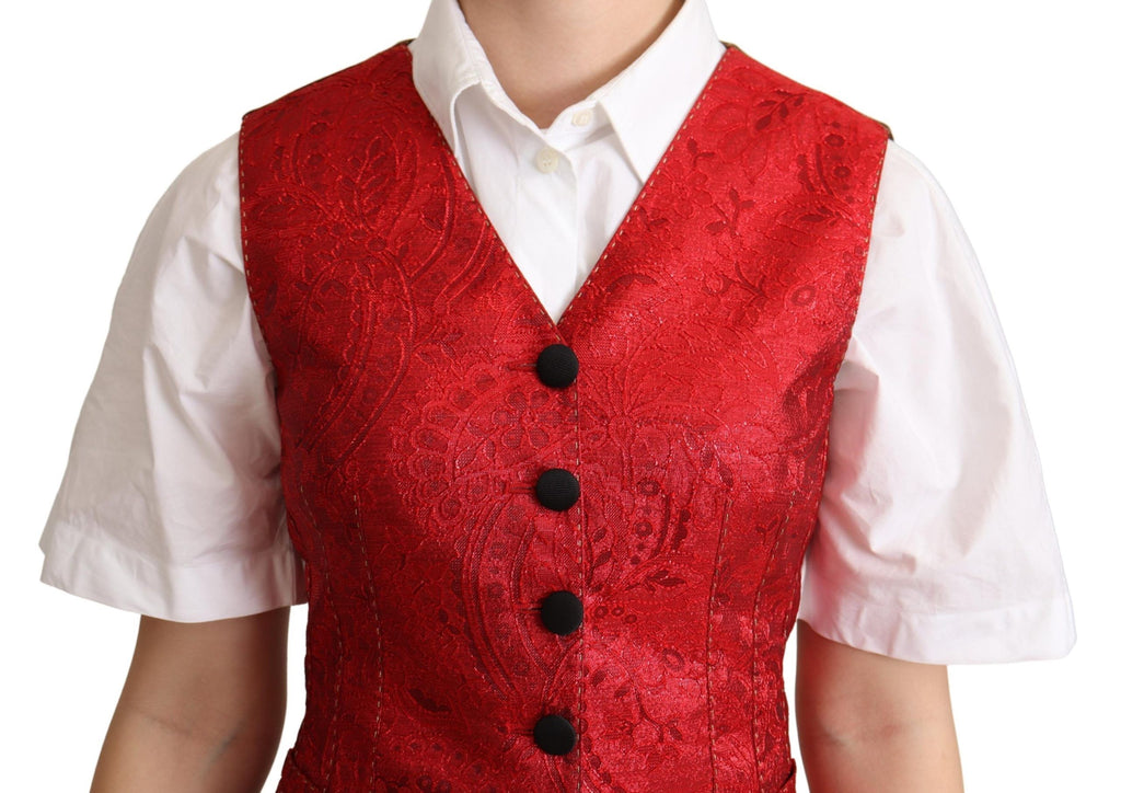 Dolce & Gabbana Red Brocade Leopard Print Waistcoat Vest - Luxe & Glitz