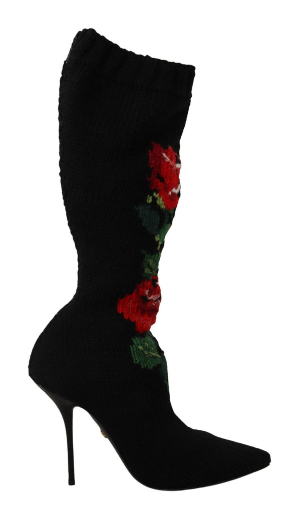 Dolce & Gabbana Black Stretch Socks Red Roses Booties Shoes Dolce & Gabbana