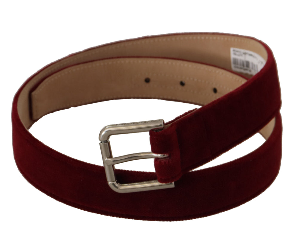 Dolce & Gabbana Red Velvet Silver Logo Engraved Metal Buckle Belt - Luxe & Glitz