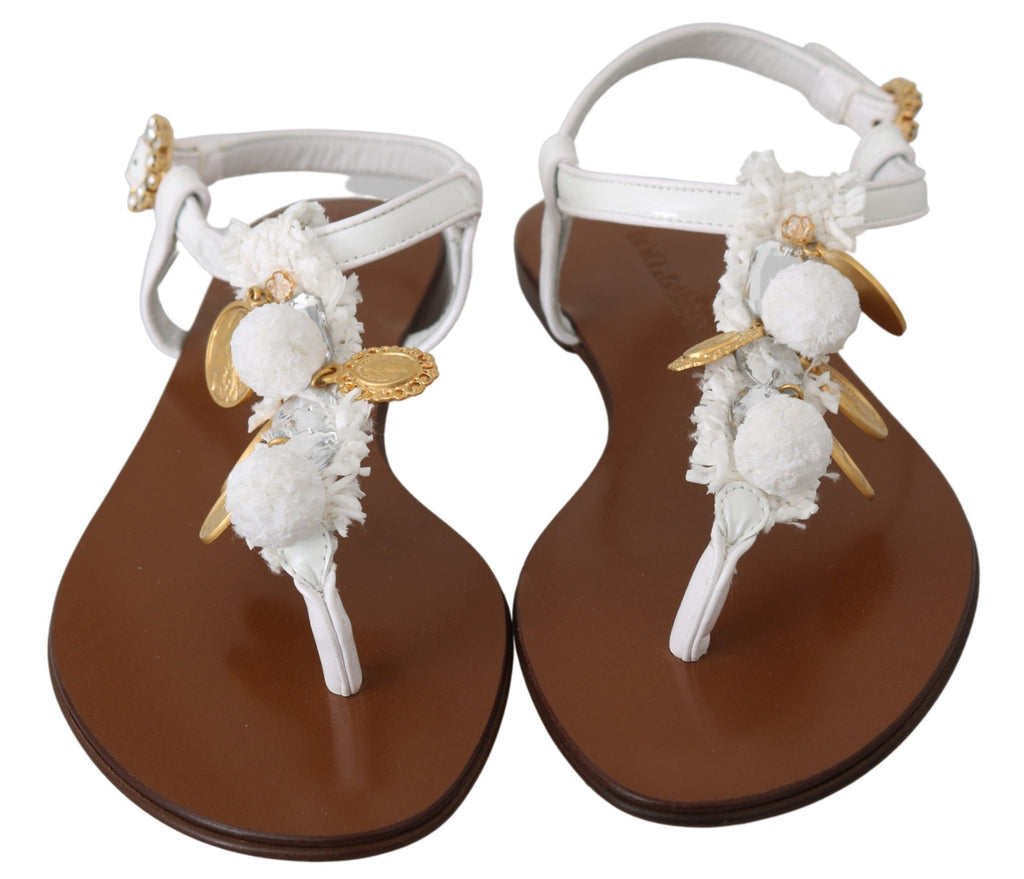 Dolce & Gabbana White Leather Coins Flip Flops Sandals Shoes Dolce & Gabbana
