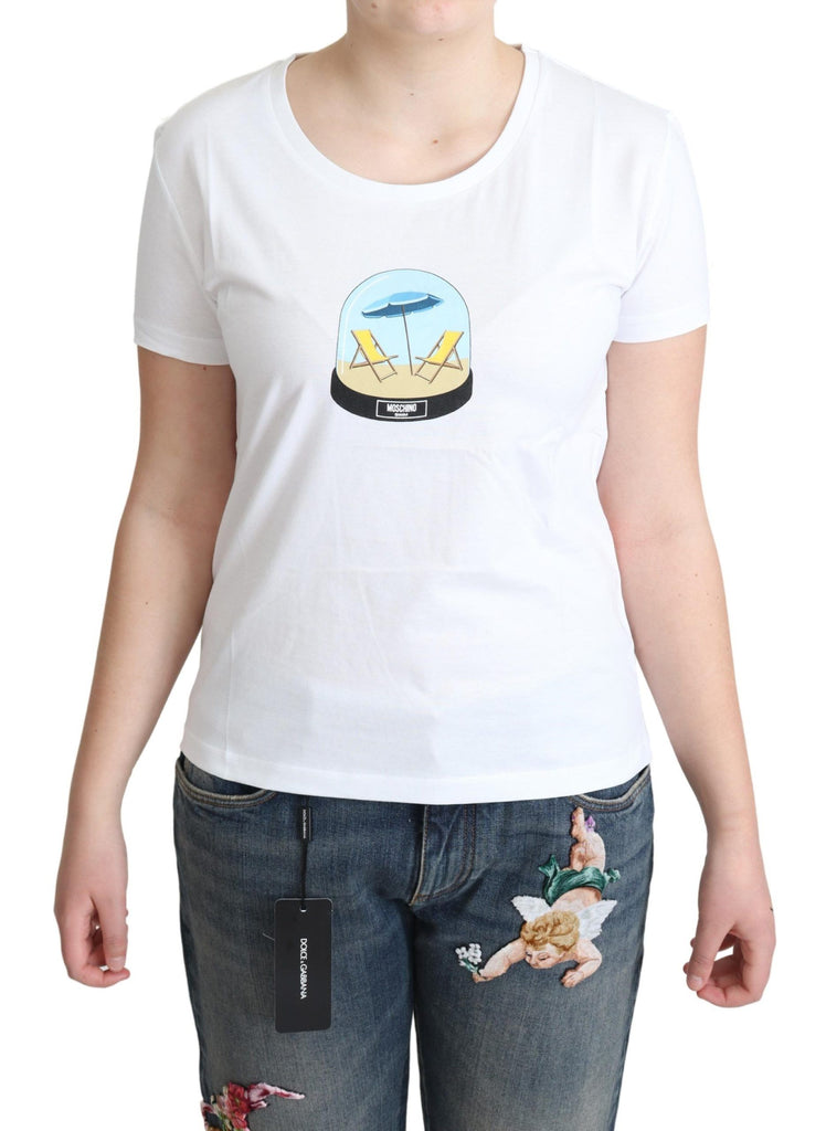 Moschino White Printed Cotton Short Sleeves Tops T-shirt - Luxe & Glitz